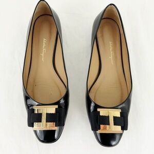 Salvatore Ferragamo - NEW Black Leather w/Gold Hardware Square Toe Flats, Size 8